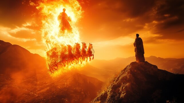 Prophet Elijah being taken up to heaven in fiery chariot horses blazing in flames Elisha watches from below standing on mountain