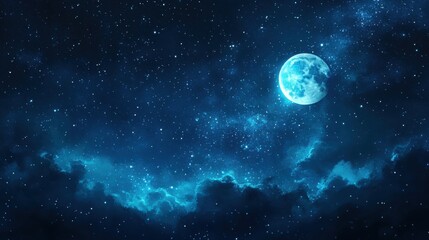 Obraz premium Illustration of a starry night with a new year moon, dark blue background, twinkling stars, dreamy feel, ample copy space.