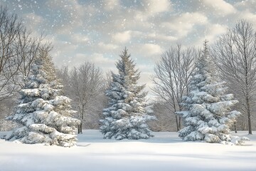 Obraz premium A Frosty Winter Scene With Snow-covered Pine Trees, a Soft Blanket of Snow on the Ground, and a Cloudy Sky, High Resolution Wallpaper or Background