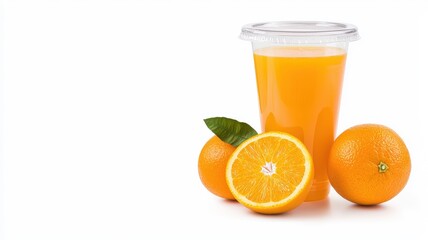 Fresh orange juice in a cup with whole oranges, showcasing vibrant colors and a refreshing look.
