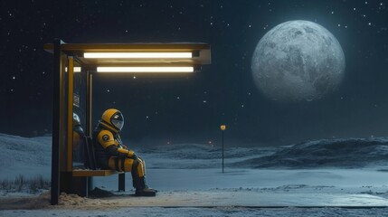 Solitary astronaut at modern station under full moon