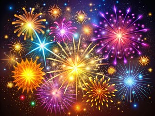 Naklejka premium Colorful fireworks and shining stars adorn this festive New Year vector design, capturing the spirit of celebration and joy as everyone welcomes the upcoming year.