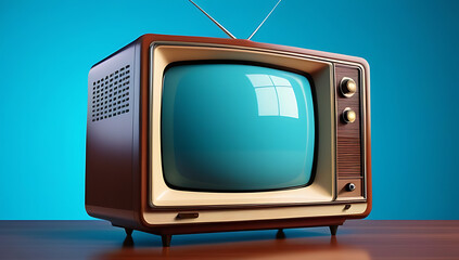 isolated vintage television depicted cartoon style soothing blue background featuring tv set integrated antenna plenty