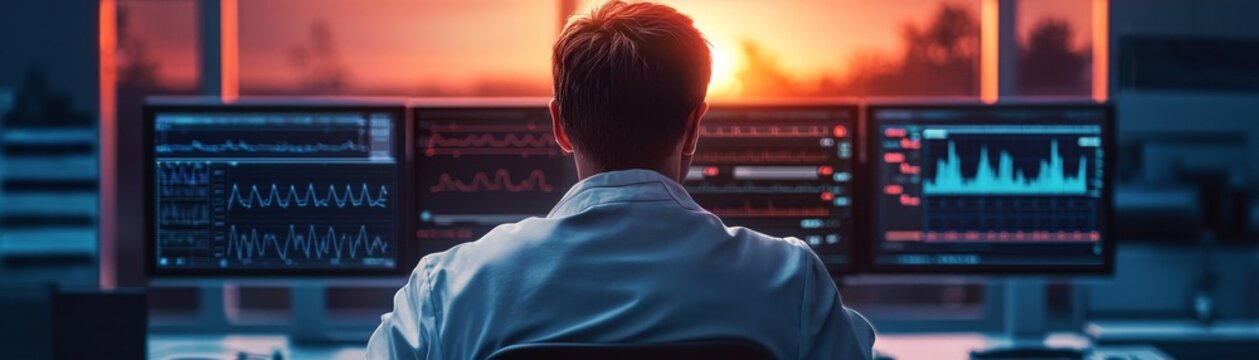 Scientist analyzing data on multiple screens at sunset in a modern laboratory.
