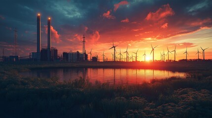 Naklejka premium Sunset view of wind turbines and industrial power plant near a lake. Renewable energy and industrial landscape concept.