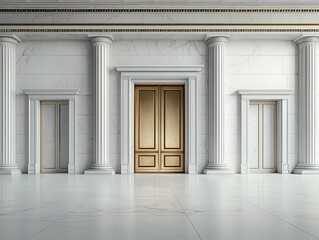Corporate bank entrance with polished brass doors and classical architecture, blending tradition with modern finance