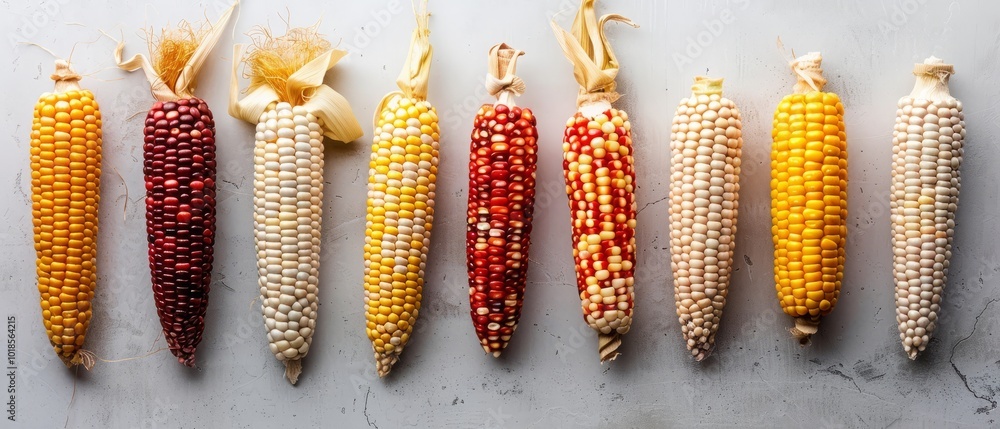 Poster a row of colorful corn cobs, showing off their unique hues and patterns.