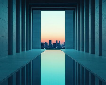 Corporate bank entrance reflecting city skyscrapers, a symbol of global finance and business connectivity