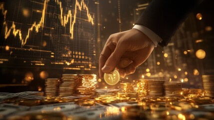 Man holds Bitcoin near financial data screens