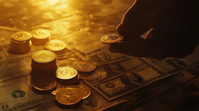 Silhouette reviews Bitcoin with golden light backdrop