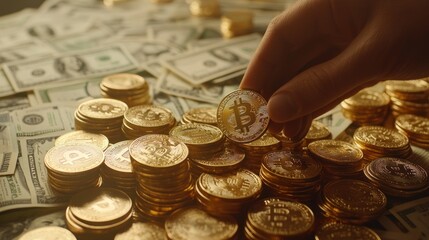 Collection of Bitcoin Coins Amongst US Dollar Notes