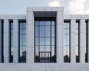 Corporate bank entrance with tall steel doors, sleek corporate design amidst towering city buildings