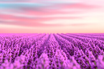 Fototapeta premium A Lush Field of Lavender With Rows of Purple Flowers Stretching Into the Horizon Under a Bright Summer Sky, High Resolution Wallpaper or Background