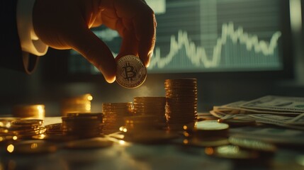 Bitcoin poised over coins with financial chart backdrop