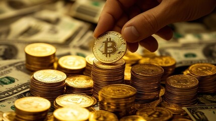 Single Bitcoin placed among coins and dollar cash