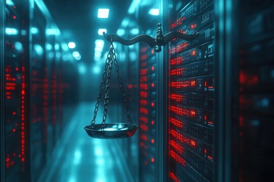 law scales set against a backdrop of a data center symbolizing the duality of justice and technology in the modern world combining tradition with innovation