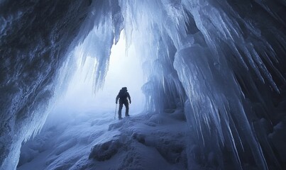A hiker stands in an ice cave.
