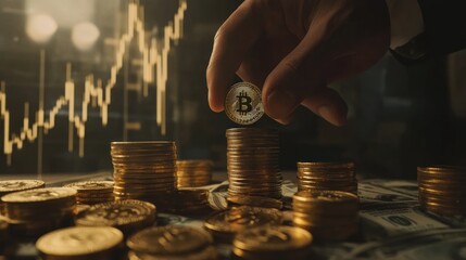 Raising a Bitcoin over a neat stack of coins