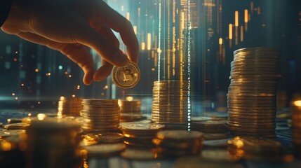 Futuristic Bitcoin coin stack on blue digital display