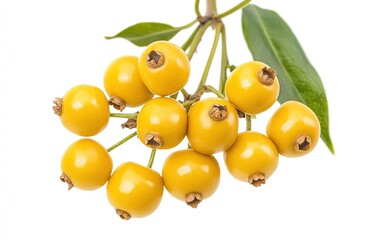 Cluster of bright yellow crabapples hanging from a green branch against a white background