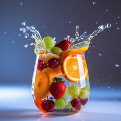 High-speed photo of colorful fruit splashing into water in a glass