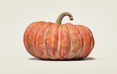 A beautifully textured orange pumpkin with deep grooves positioned on a neutral background during autumn harvest season