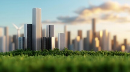 Modern city skyline surrounded by greenery against a sunset backdrop.
