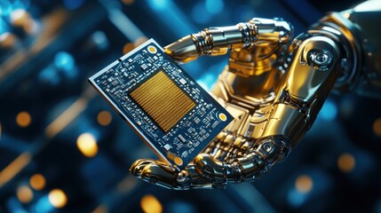 Advanced robotic hand showcasing a complex chip.