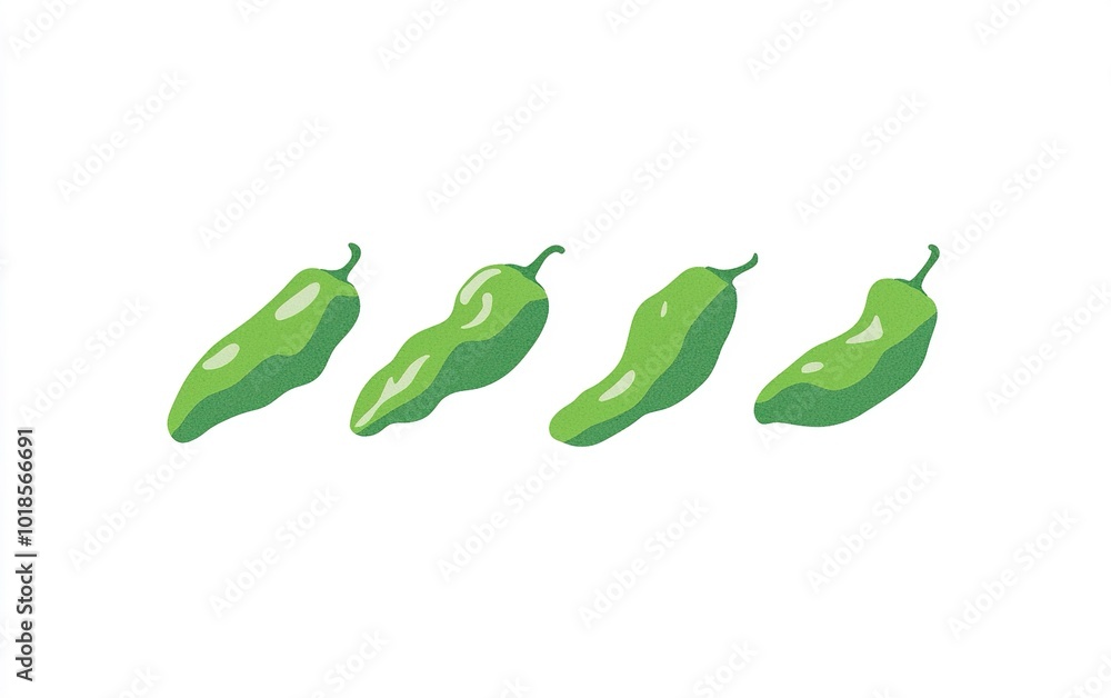 Poster multiple green peppers arranged in a row on a white background showing varying sizes and shapes, ide