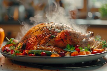 Hyperrealistic close-up of a Thanksgiving turkey, detailed view of the crispy skin, grilled vegetables, and fresh herbs, with steam rising in warm, inviting lighting