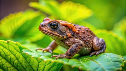 Obraz premium Cute baby American toad nestled among green leaves in a serene outdoor habitat, soaking up the sun during the day, a delightful sight in nature.