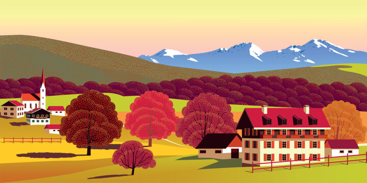 Autumn countryside doodle landscape with traditional houses, farms, village, hills, forests and mountains in the background. Handmade drawing vector illustration. Retro style poster. 