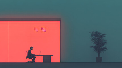 A man working at desk in modern office setting, illuminated by vibrant pink backdrop. scene conveys sense of focus and creativity, enhanced by minimalist design and potted plant nearby