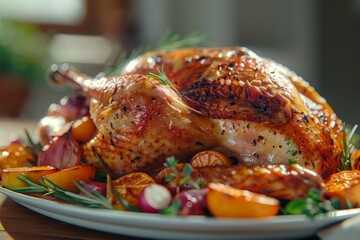 Ultra-detailed close-up of a grilled turkey surrounded by vegetables and herbs, steam gently rising, showing the juicy texture and golden-brown skin in soft, warm lighting