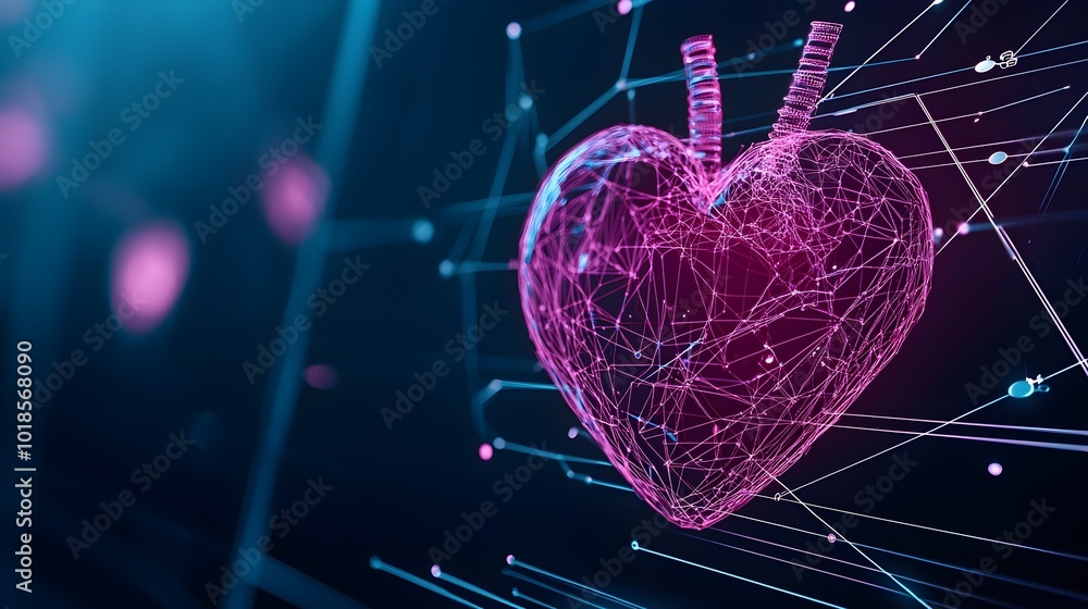 Poster futuristic crystal heart - glowing holographic design with digital patterns in a high-tech environme