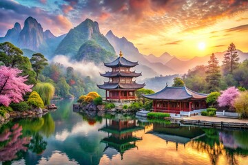 Delicate Chinese watercolor paintings showcase nature, landscapes, and traditional artistic elements, harmonizing