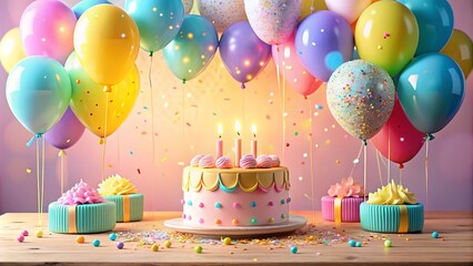 A Festive Celebration with a Birthday Cake Adorned with Candles, Surrounded by Colorful Balloons and Confetti