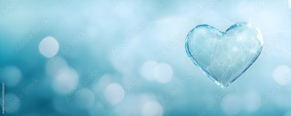 Poster dreamy crystal heart floating in ethereal clouds - surreal light rays create an angelic atmosphere o
