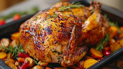 Grilled turkey close-up, hyperrealistic image with a focus on the crispy skin, garnished with fresh herbs and vegetables, steam rising in a cozy, warm Thanksgiving atmosphere