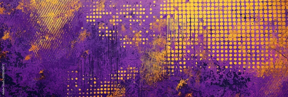 Poster blend of purple and yellow shades, featuring dynamic dotted patterns and textured elements that invoke a sense of energy and creativity