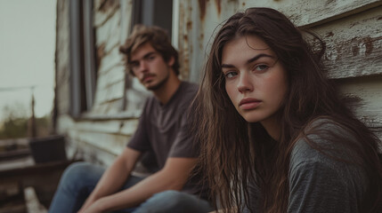 A girl with a thoughtful face is sitting by a dilapidated building, next to a guy immersed in thought, their poses and glances convey the atmosphere of unresolved conflict.
