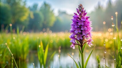 Obraz premium DELICATE PURPLE MARSH ORCHID Blooms amidst lush greenery in a serene wetland scene, its intricate petals and stems