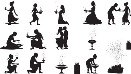 Set of silhouettes of beautiful human being posing for their traditional dance related to festival