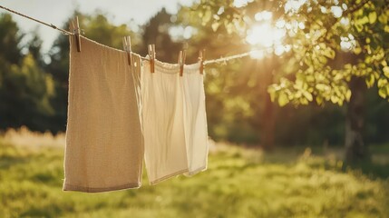 An oldfashioned laundry line with clean clothes drying in the sun, vintage laundry scene, nostalgia and simplicity