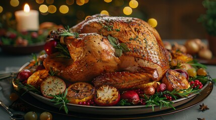 Wide-angle shot of a decorated Thanksgiving table with a grilled turkey in the center, hyperrealistic textures, soft ambient lighting, and visible holiday decorations in the background