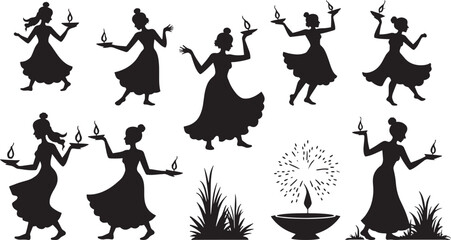 Set of silhouettes of beautiful human being posing for their traditional dance related to festival