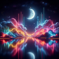 Obraz premium Colorful Landscape with Neon Light, Moon, Clouds, and Sea – Home Décor Poster, Music Cover Art, Nature Background