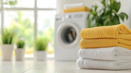 Clean, bright laundry folded in a stylish modern room with natural light, modern laundry setting, cleanliness and design