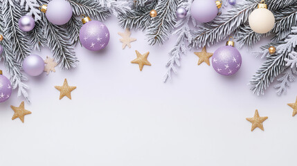 Festive arrangement of purple and gold Christmas ornaments with frosted pine branches and golden stars on light background