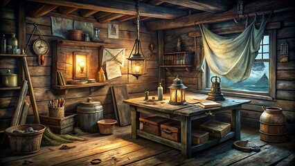 A dimly lit wooden cabin with a table, shelves, and a window overlooking a stormy sea, hinting at a life of adventure and exploration.